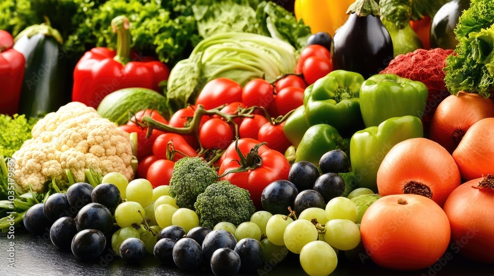 Fresh Vegetables and Fruits Displayed Together Fresh Vegetables and Fruits Displayed Together