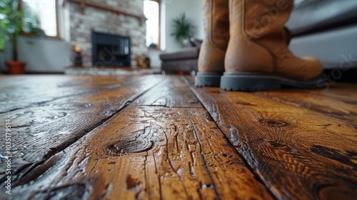 Rugged boots rest on a textured, rustic wooden floor, with a cozy living area featuring a fireplace and comfortable furnishings in the background