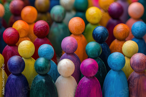 AItems of diversity, figures made of wood representing different personality characteristics in workplace, unique crowd, photorealistic