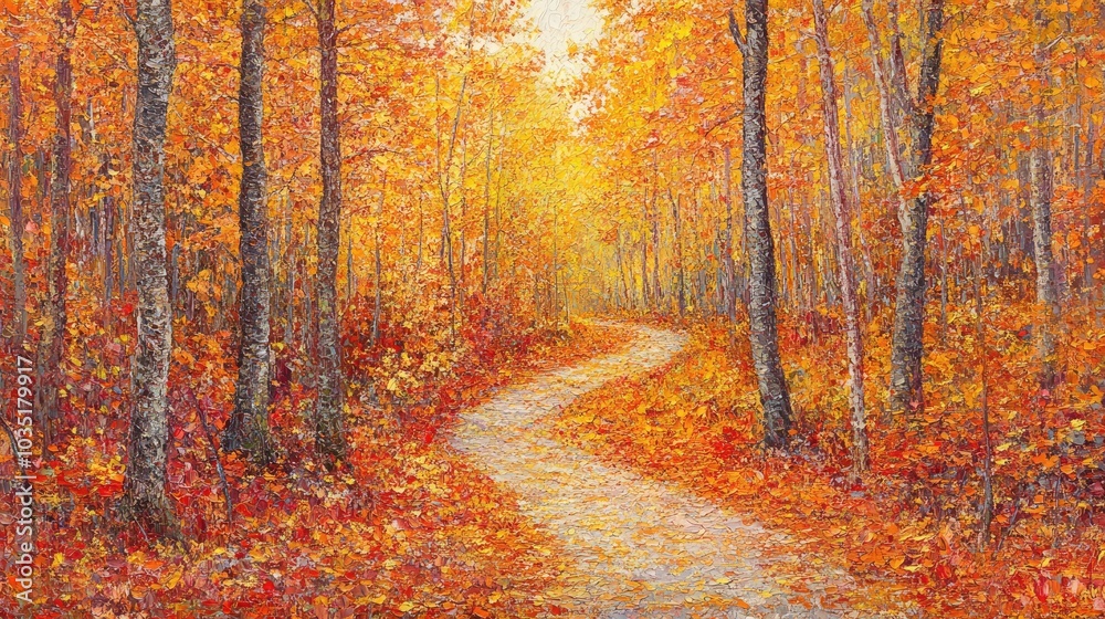 Fototapeta premium Serene Autumn Pathway in Vibrant Fall Colors
