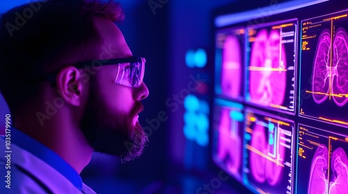 A medical professional analyzes vibrant imaging on multiple screens, highlighting the importance of technology in modern healthcare diagnostics.
