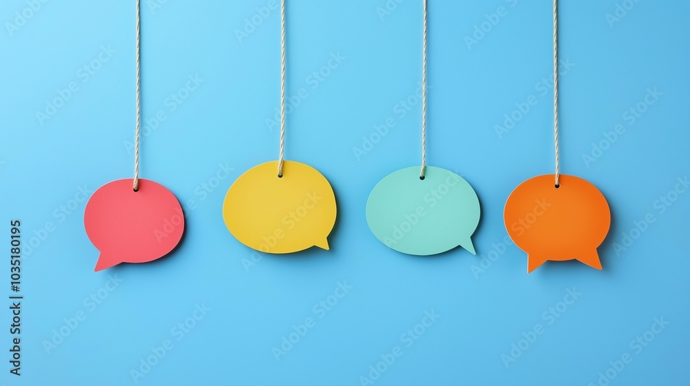 Colorful Speech Bubbles Hanging on Blue Background Representing Communication and Language Colorful Speech Bubbles Hanging on Blue Background Representing Communication and Language