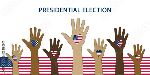 Banner with raised hands and the US flag symbolizing equality in the US presidential election. All nationalities vote in the United States. Concept of American elections or human rights in the USA