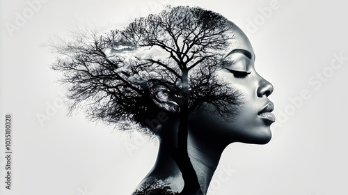 Woman embracing nature with tree growing from head