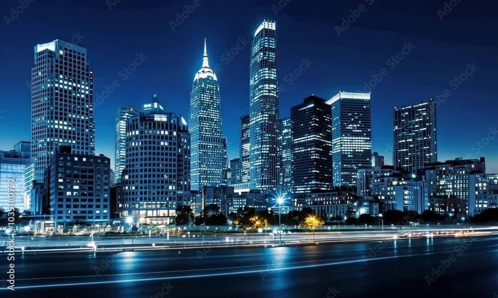 A stunning cityscape at night with tall skyscrapers illuminated in blue tones. The long exposure captures light trails from passing cars, creating a dynamic contrast against the still skyline. A stunning cityscape at night with tall skyscrapers illuminated in blue tones. The long exposure captures light trails from passing cars, creating a dynamic contrast against the still skyline.