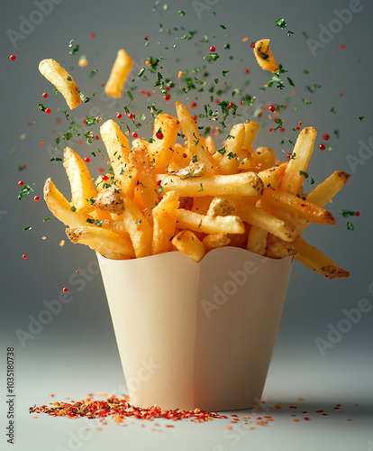 French fries potatoes in fry box. fried potatoes flyin and red pepper and dry spices.  photo