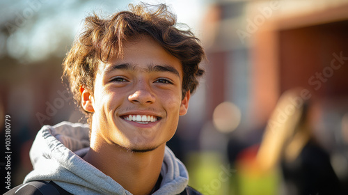 Smiling Student Athlete Outdoors in Sunny Day, Inspirational Youth, Positive Energy, Male High School Sports Player, After Practice, Morning Light, Healthy Lifestyle, Student Life, Happiness, Sunshine