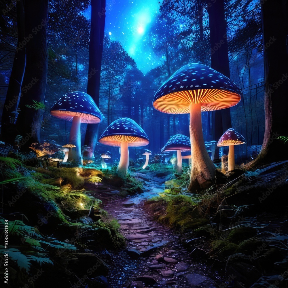 Fototapeta premium Illuminated mushrooms in a mystical forest under a starry sky.