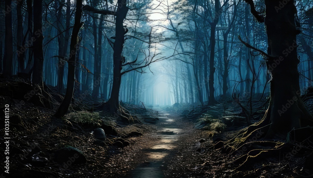 Fototapeta premium Misty forest pathway surrounded by tall trees and soft glowing light.