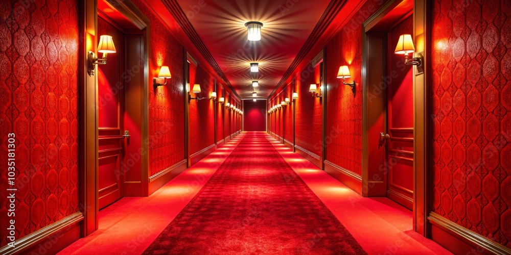 A captivating panorama of an extensive red hallway showcasing a door, rich red carpet, and ambient wall lighting—perfect for dramatic interior photography shots. A captivating panorama of an extensive red hallway showcasing a door, rich red carpet, and ambient wall lighting—perfect for dramatic interior photography shots.
