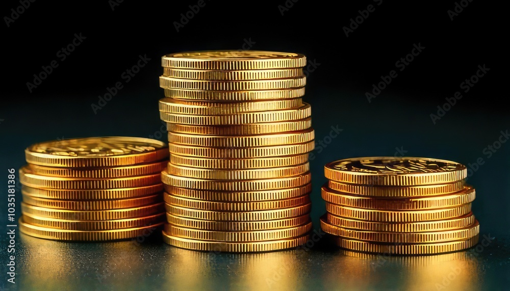 Stacks of gold coins on a dark background, representing wealth and finance. Stacks of gold coins on a dark background, representing wealth and finance.