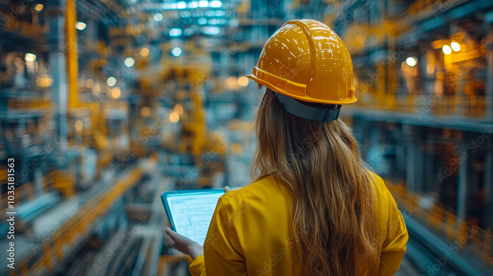 Engineer in Yellow Hard Hat Using Tablet to Assess Construction Equipment in Large Industrial Warehouse at Dusk Engineer in Yellow Hard Hat Using Tablet to Assess Construction Equipment in Large Industrial Warehouse at Dusk