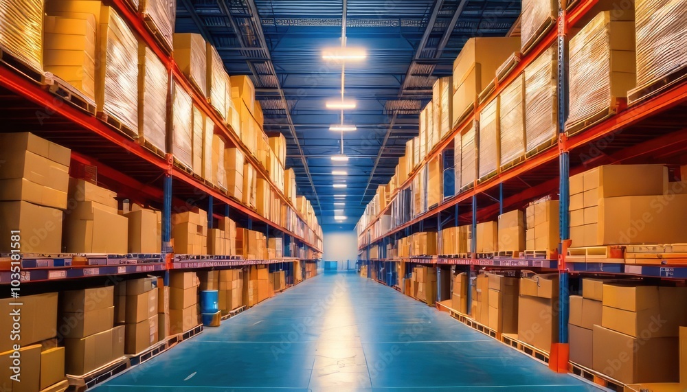 Fototapeta premium Warehouse interior with rows of stacked boxes and clear floor space