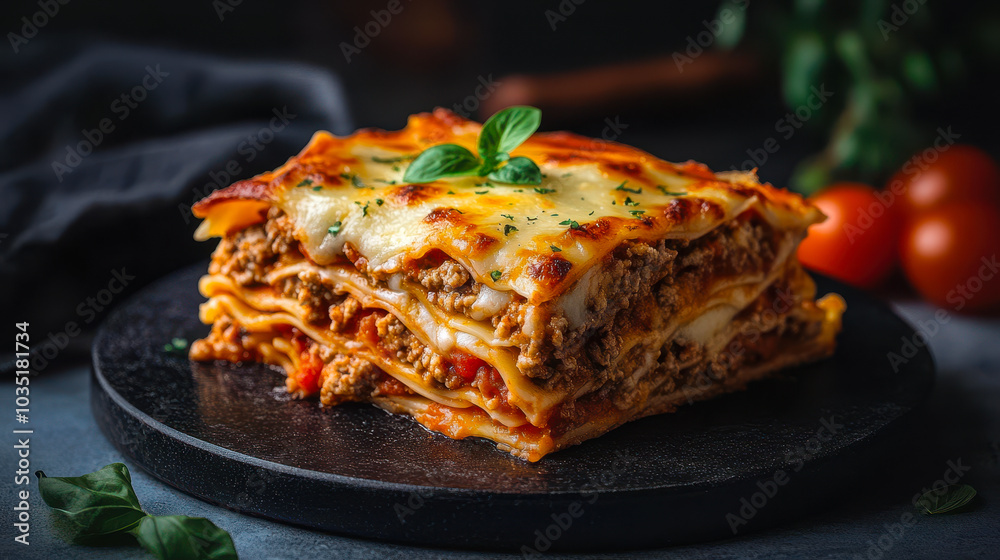 Delicious Homemade Lasagna with Fresh Basil and Tomatoes on Black Plate in Rustic Kitchen, Evening Light, Italian Comfort Food, Heartwarming Dinner Concept Delicious Homemade Lasagna with Fresh Basil and Tomatoes on Black Plate in Rustic Kitchen, Evening Light, Italian Comfort Food, Heartwarming Dinner Concept