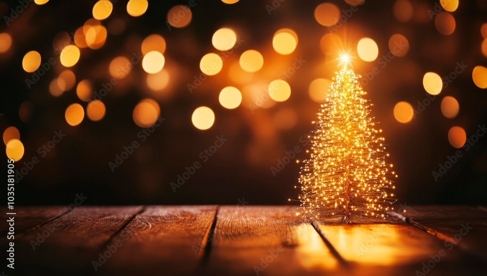 A golden Christmas tree stands on an empty wooden table, against a background of falling snowflakes and golden lights., card banner or wallpaper, copy space for text A golden Christmas tree stands on an empty wooden table, against a background of falling snowflakes and golden lights., card banner or wallpaper, copy space for text