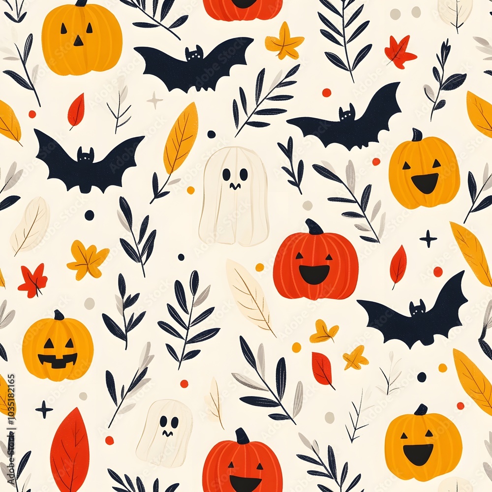 A whimsical pattern featuring pumpkins, bats, ghosts, and autumn leaves, capturing the playful spirit of Halloween. A whimsical pattern featuring pumpkins, bats, ghosts, and autumn leaves, capturing the playful spirit of Halloween.