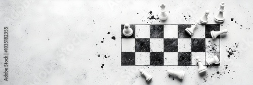 Scattered chess pieces on a chessboard illustrating the concept of strategic thinking problem solving and decision making The image represents the importance of planning analysis