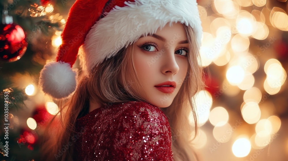 Beautiful caucasian female model wear santa hat, festive atmosphere Beautiful caucasian female model wear santa hat, festive atmosphere