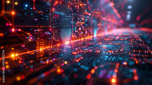 Futuristic Digital Transformation Technology Concept with Abstract Circuit Board and Glowing Lights in a Virtual Data Network Environment