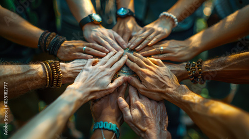 Diverse Teamwork Hands United in Outdoor Setting Radiating Unity and Cooperation During Daylight Focus on Partnership and Collaboration photo