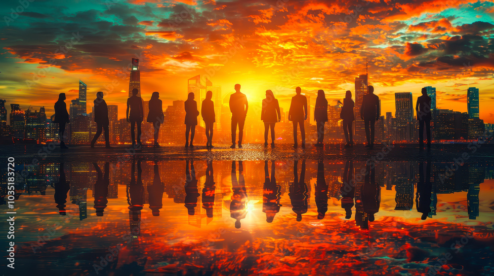 Global Business Collaboration Silhouette against Vibrant Cityscape Sunset Reflection Global Business Collaboration Silhouette against Vibrant Cityscape Sunset Reflection