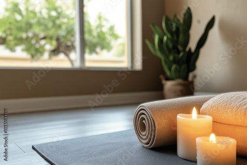 A peaceful yoga or meditation space with a rolled-up mat, beige towels, and burning candles on the floor, next to a large window with a potted plant in the background, creating a calming ambiance