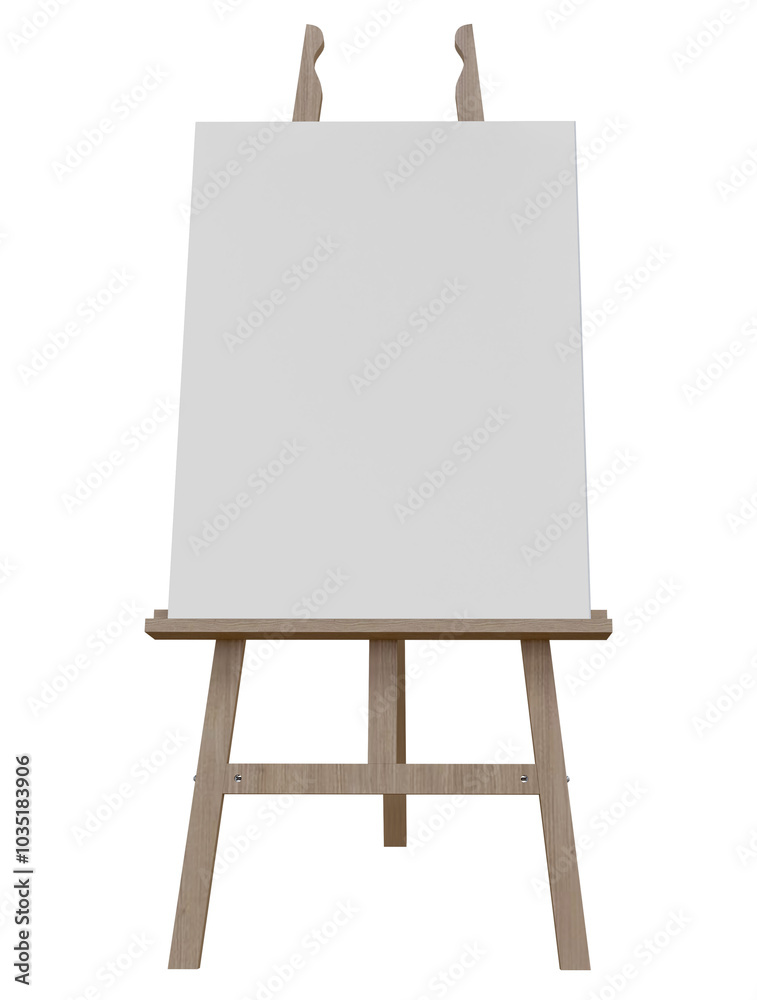 Wooden easel stand with blank an art board canvas. Presentation board on a tripod artwork mockup, template for artists to showcase their work or that require visual aids Wooden easel stand with blank an art board canvas. Presentation board on a tripod artwork mockup, template for artists to showcase their work or that require visual aids