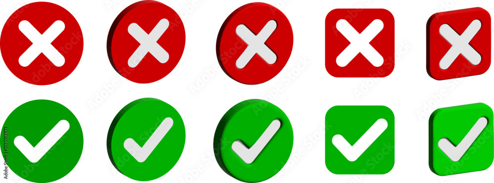 3D right and wrong buttons. 3D Cross and check mark icons round buttons. 3D right and wrong buttons. 3D Cross and check mark icons round buttons.