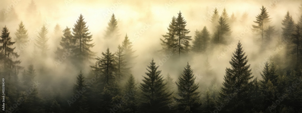 misty forest, with tall pine trees fading into the fog misty forest, with tall pine trees fading into the fog