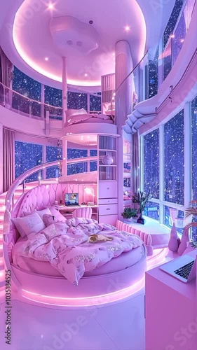 Pink and Purple Room in Futuristic Design with Snowfall from Window | 3D bedroom in retro-futuristic style. Lofi theme room with raining outside photo