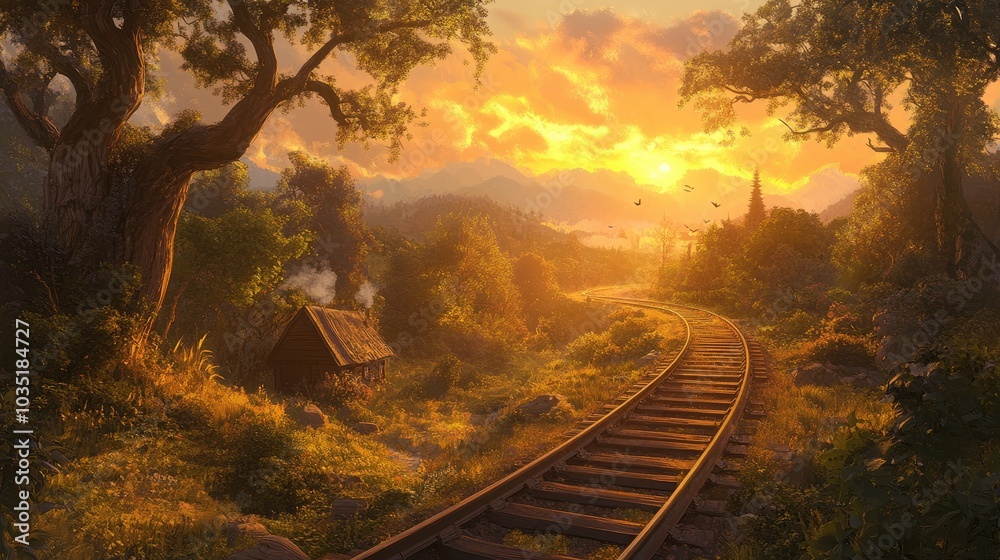 Naklejka premium Serene Sunset Over Train Tracks in Nature