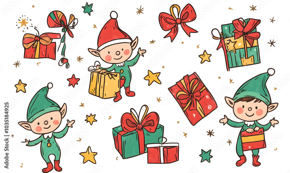 Naklejka premium Doodle Christmas and New Year Cards - 2D Hand-drawn Illustrations on White Background