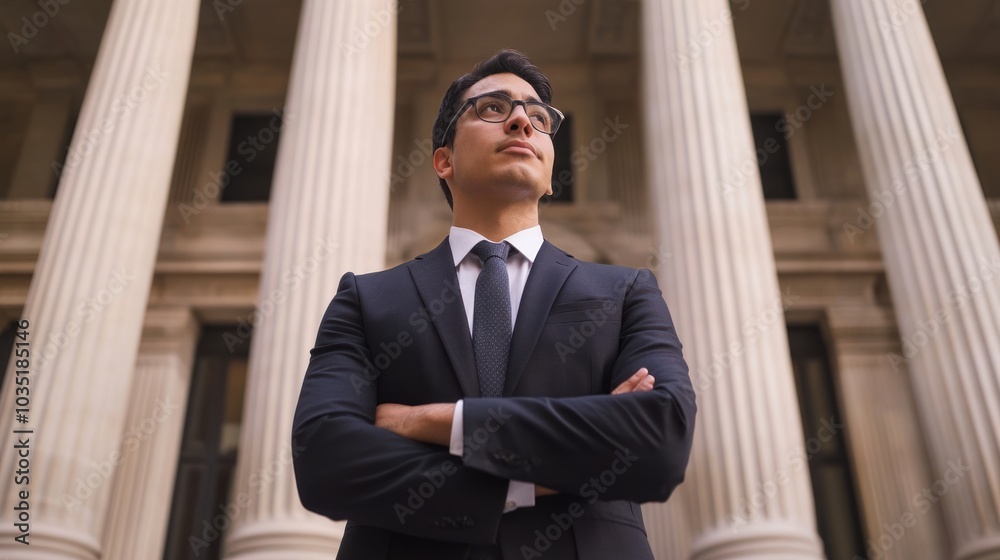 A lawyer standing outside a courthouse, dressed in formal attire, symbolizing justice A lawyer standing outside a courthouse, dressed in formal attire, symbolizing justice