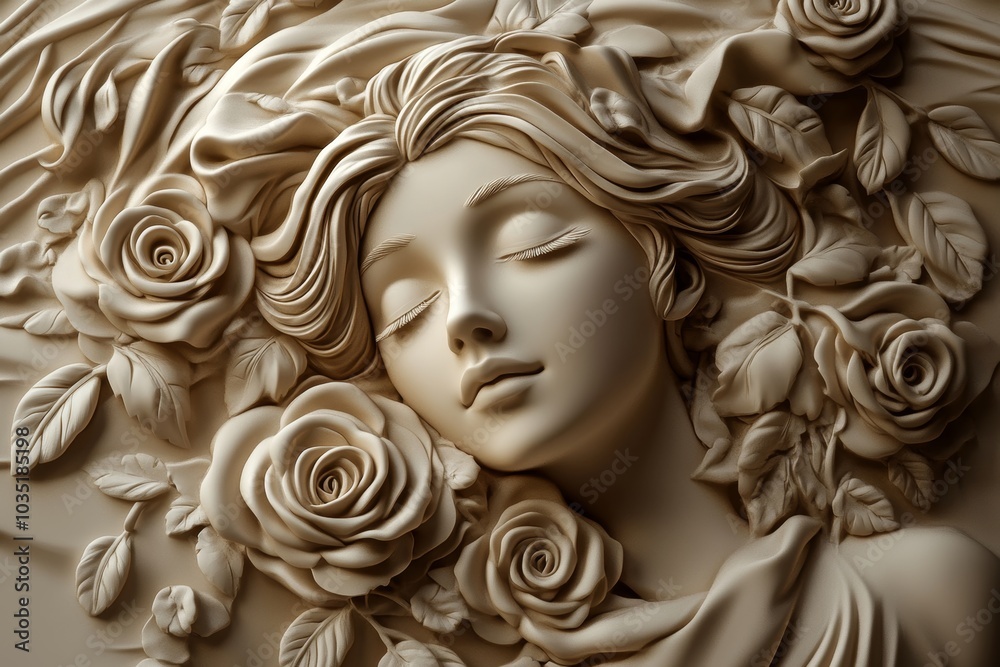 A beautiful picture of a carved elegant bas relief on a textured wall with gypsum in stock