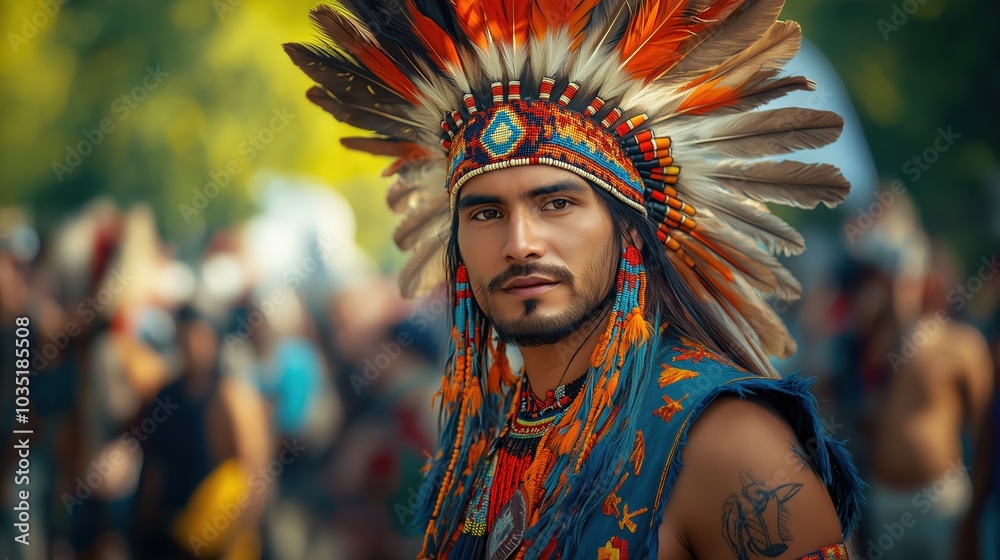 Portrait of a young man in traditional Native American attire, wearing a vibrant feathered headdress, during an Indigenous celebration Portrait of a young man in traditional Native American attire, wearing a vibrant feathered headdress, during an Indigenous celebration