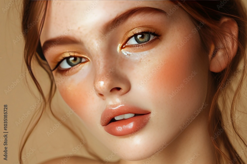 Woman with glittering gold makeup soft peach toned skin and a dreamy expression symbolizing glamour radiance and ethereal beauty in a soft illuminated setting Woman with glittering gold makeup soft peach toned skin and a dreamy expression symbolizing glamour radiance and ethereal beauty in a soft illuminated setting