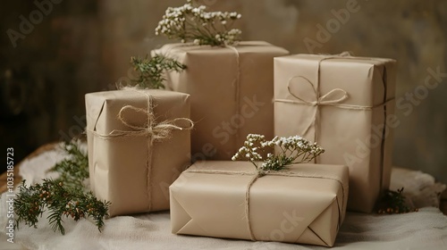 Beautifully Wrapped Christmas Gifts in Kraft Paper