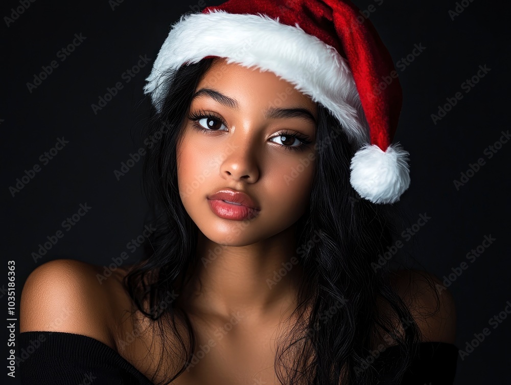 Beautiful latina female model wear Santa hat, festive atmosphere Beautiful latina female model wear Santa hat, festive atmosphere
