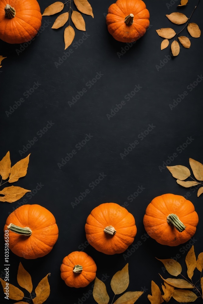 Flat lay of small pumpkins and fall foliage against a black background Flat lay of small pumpkins and fall foliage against a black background