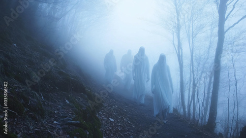 A foggy mountain trail where ghostly apparitions seem to follow hikers.