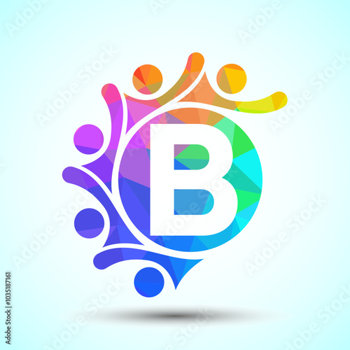 Initial alphabet B with connecting people. Team, cooperation logo sign symbol