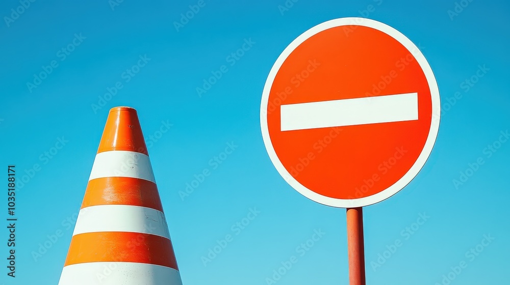 Orange Road Sign: Plastic Striped Cone Symbolizing Road Danger Orange Road Sign: Plastic Striped Cone Symbolizing Road Danger