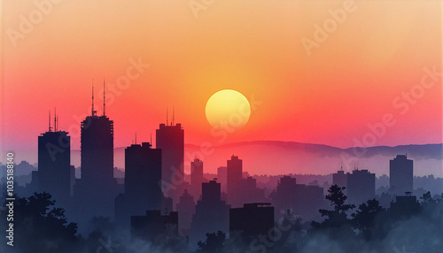 Vibrant city skyline silhouette at sunset with large sun and colorful sky