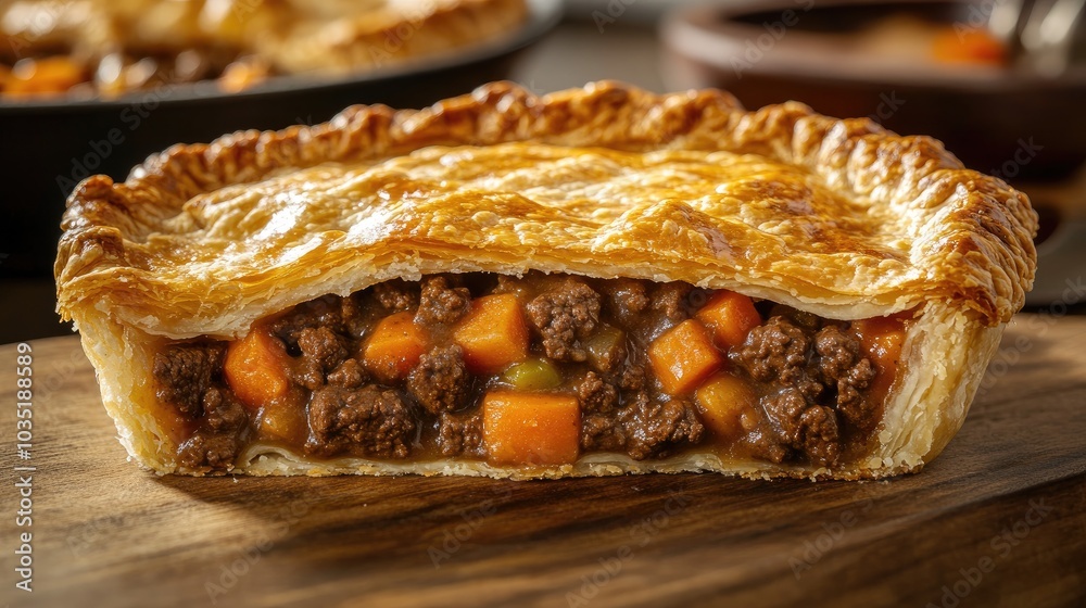 Delicious Homemade Meat Pie with Golden Crust and Savory Filling of Beef and Vegetables on Rustic Wooden Board Delicious Homemade Meat Pie with Golden Crust and Savory Filling of Beef and Vegetables on Rustic Wooden Board