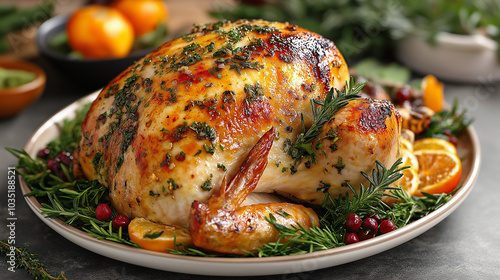 Homemade baked chicken with lemon and rosemary on table