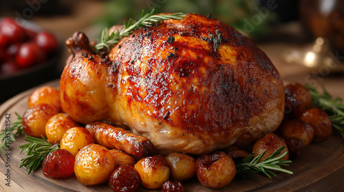 Baking dish with tasty chicken and potato on light wooden background, closeup