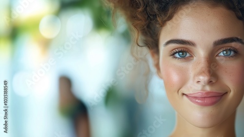 Wallpaper Mural A close-up portrait of a woman with bright blue eyes, a gentle smile, and freckles, standing in soft natural light. The blurred background enhances her radiant complexion and serene expression Torontodigital.ca