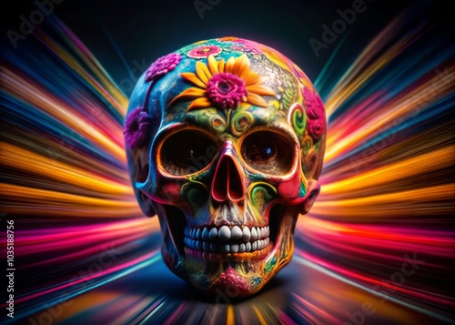 An imaginative display of colorful candy skulls captures the essence of Halloween with long exposure photography, showcasing unique edible art that’s delightful, vibrant, and festive for parties.