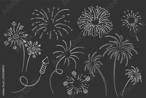 Fireworks and rocket, salute with burst, light and festive explosions chalk in doodle style. Hand drawn sparks, firecracker on white background. Party, celebrations, event.