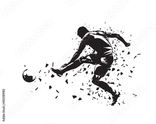 Soccer player kicking ball, football. Isolated distorted vector silhouette. Team sports, side view